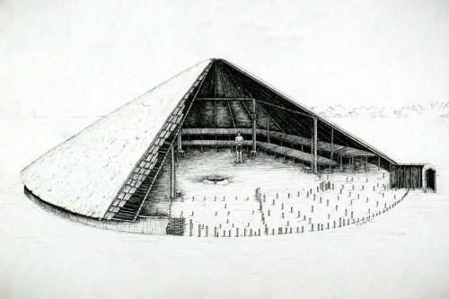 Ink drawing of an Overhill Cherokee Townhouse in Tennessee