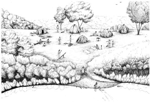 Ink drawing of an early Holocene Native American campsite in Tennessee