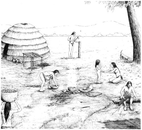 Ink drawing of a mid-Holocene Native American campsite in Tennessee
